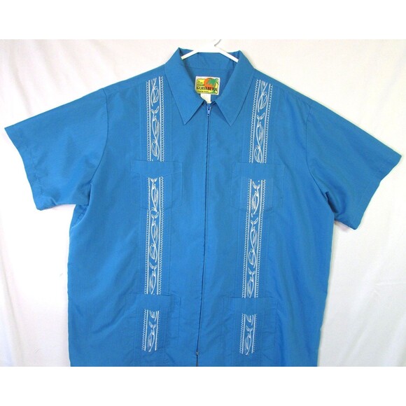 Haband Guayabera Shirt Mens XL Blue Zip Front Embroidered 4 Pocket Short Sleeve - Picture 1 of 11